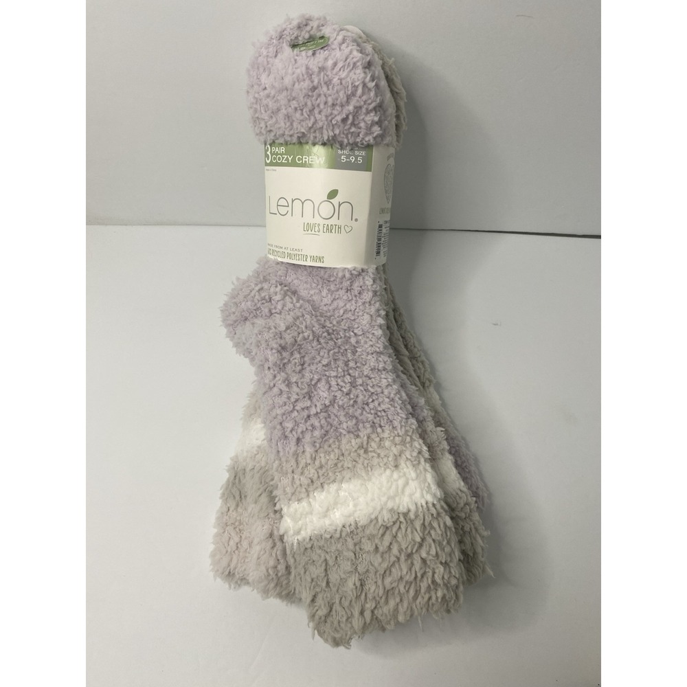 Lemon Loves Earth Socks Purple Gray 5-9.5 Warm Cozy Crew Fuzzy‎ 3 Pairs